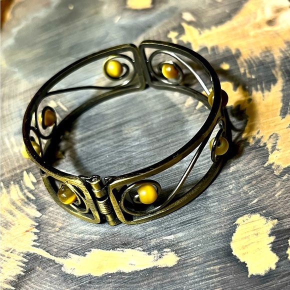 Brass Tigers Eye Beaded Hinged Wrap Bracelet - Picture 3 of 3